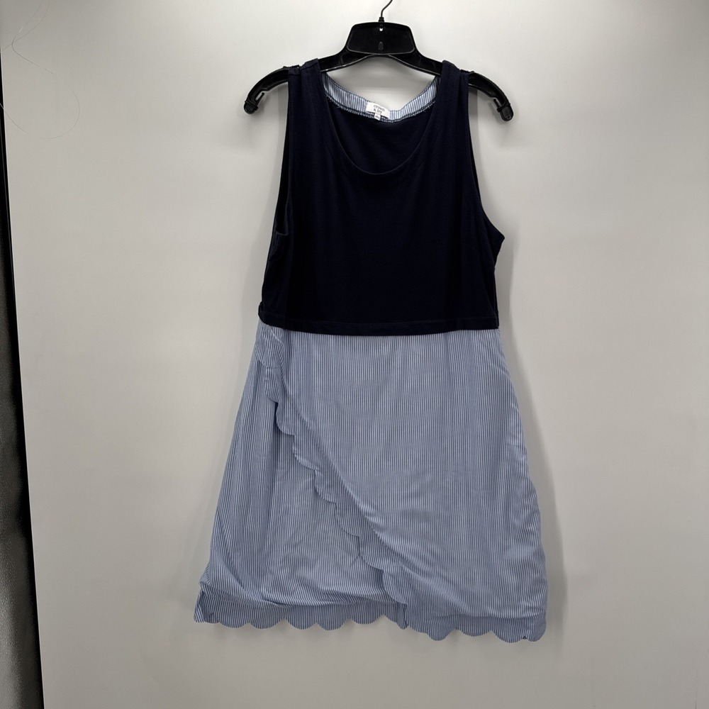 CROWN & IVY BLUE WHITE STRIPED SCALLOPED SKIRT SHEATH COTTON BLEND DRESS L